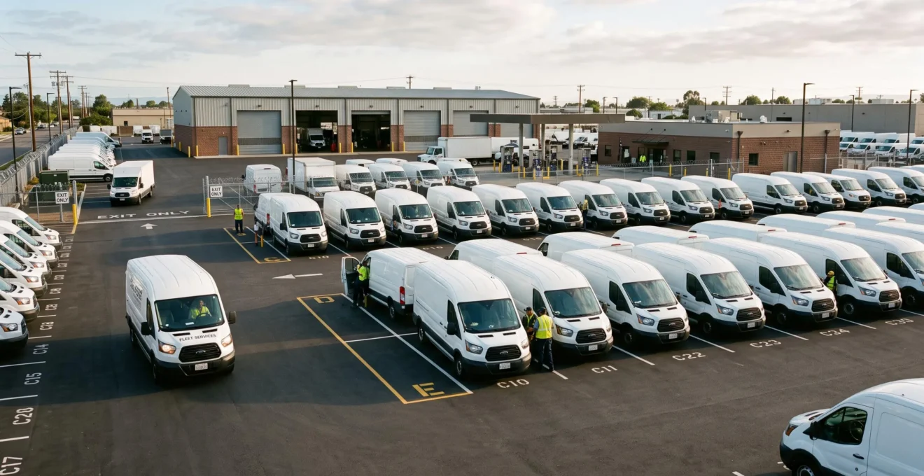 Commercial fleet depot with multiple white delivery vans and service trucks organized in rows during early morning operations