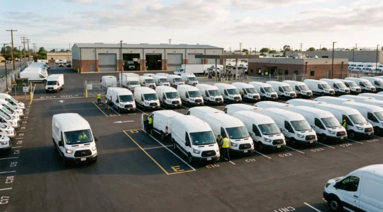Commercial fleet depot with multiple white delivery vans and service trucks organized in rows during early morning operations