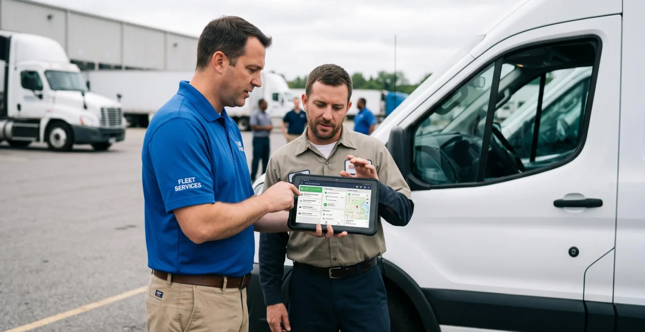 Fleet trainer demonstrating mobile fleet management application to a truck driver on a tablet beside a commercial delivery van