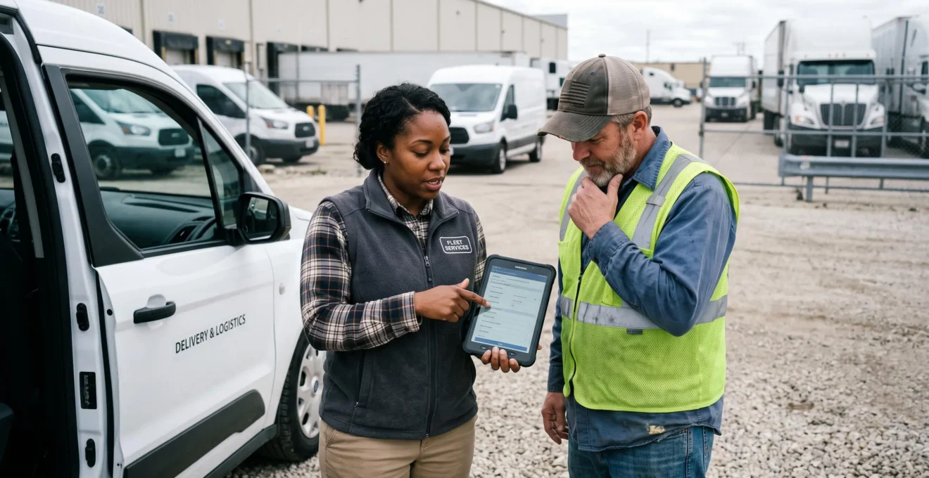 Fleet supervisor with digital tablet inspecting a delivery van in a commercial maintenance facility